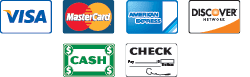 We Accept Visa, MasterCard, American Express, Discover, Cash and Check